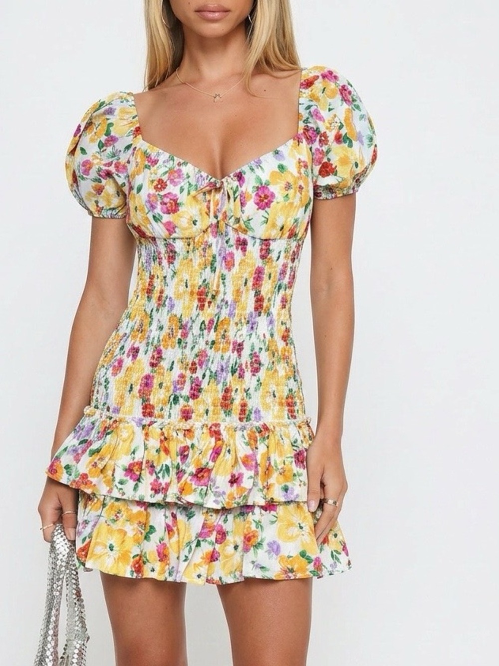 NWT Mixology We’re All Pretty Girls Lottie Mini Dress Floral Yellow Smocked